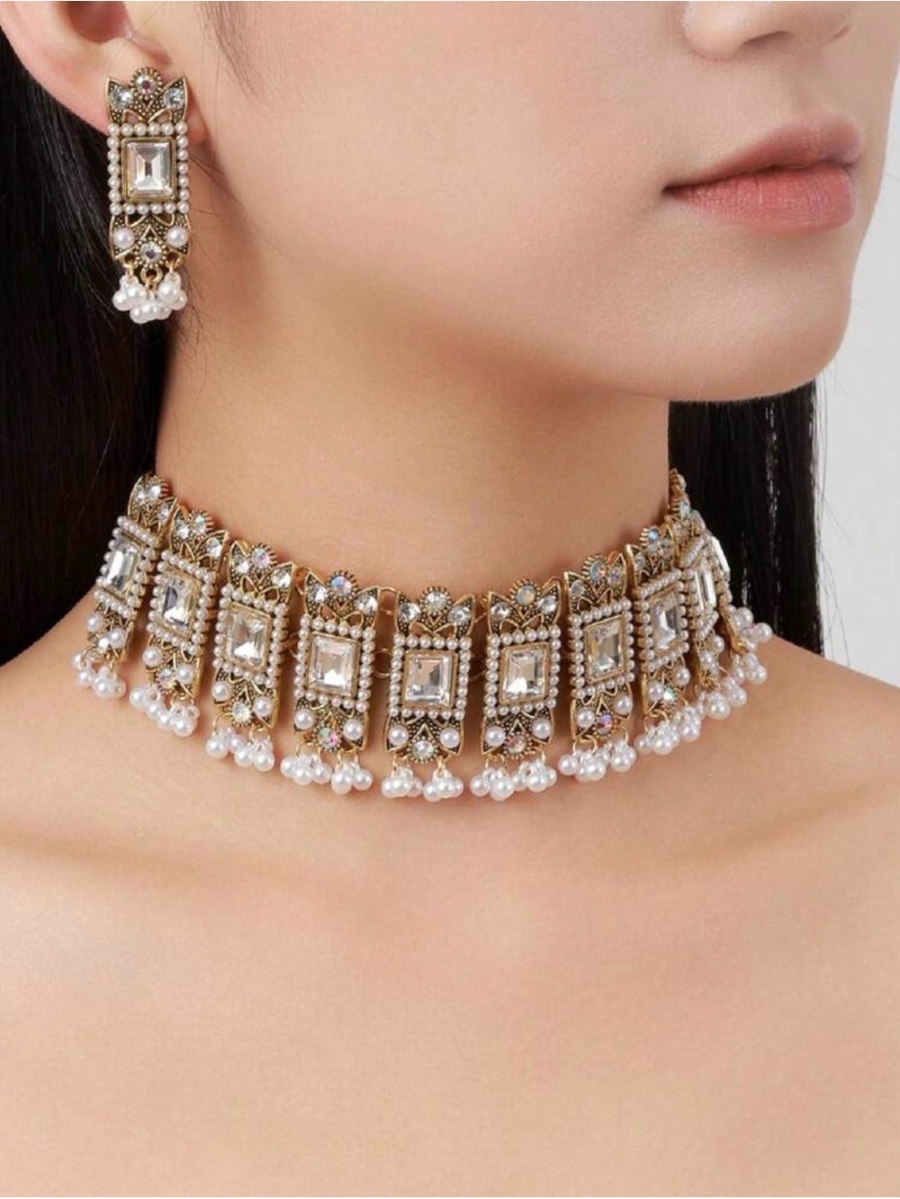Gold and White Pearl Kundan-Style Choker with Earrings